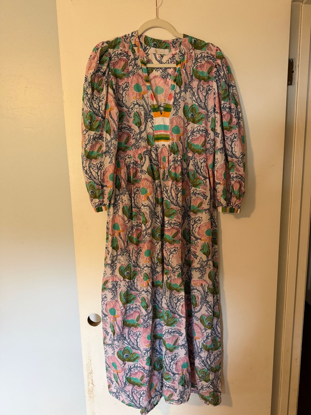 Bindu Floral Puff-Sleeve Cotton Maxi Dress, Size S